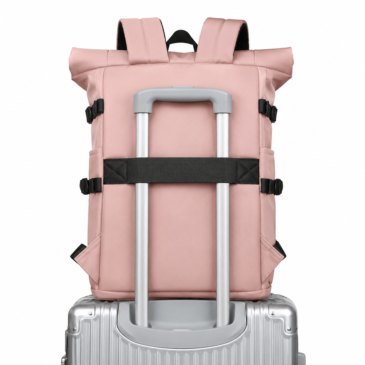 Sac à dos voyage roll-top rose avec port USB | VORHA