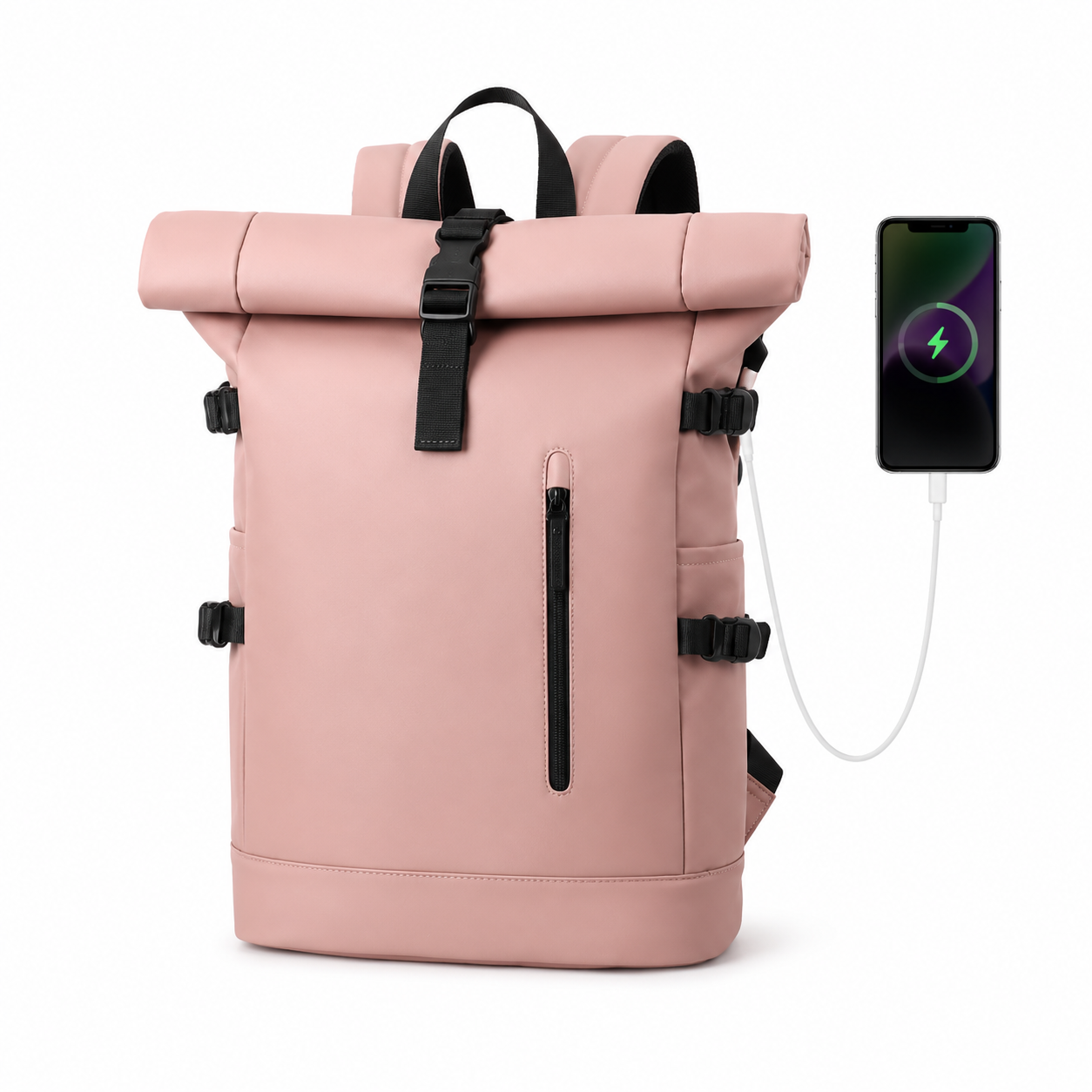 Sac à dos voyage roll-top rose avec port USB | VORHA