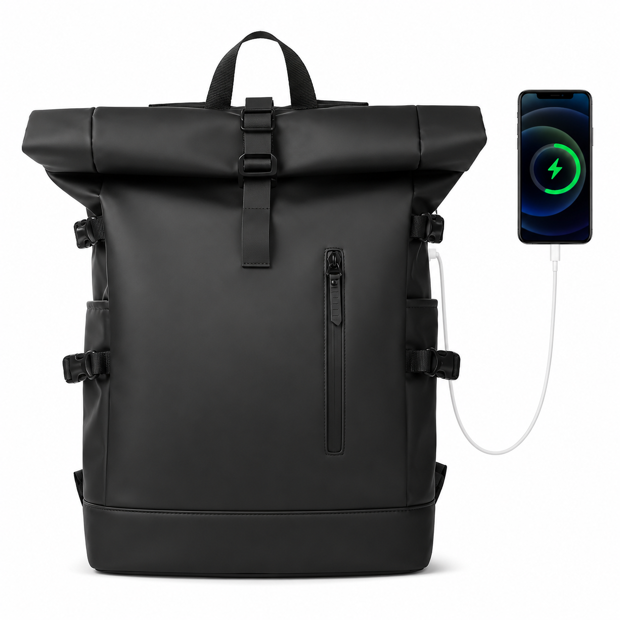 Black Roll-Top Travel Backpack with USB Port