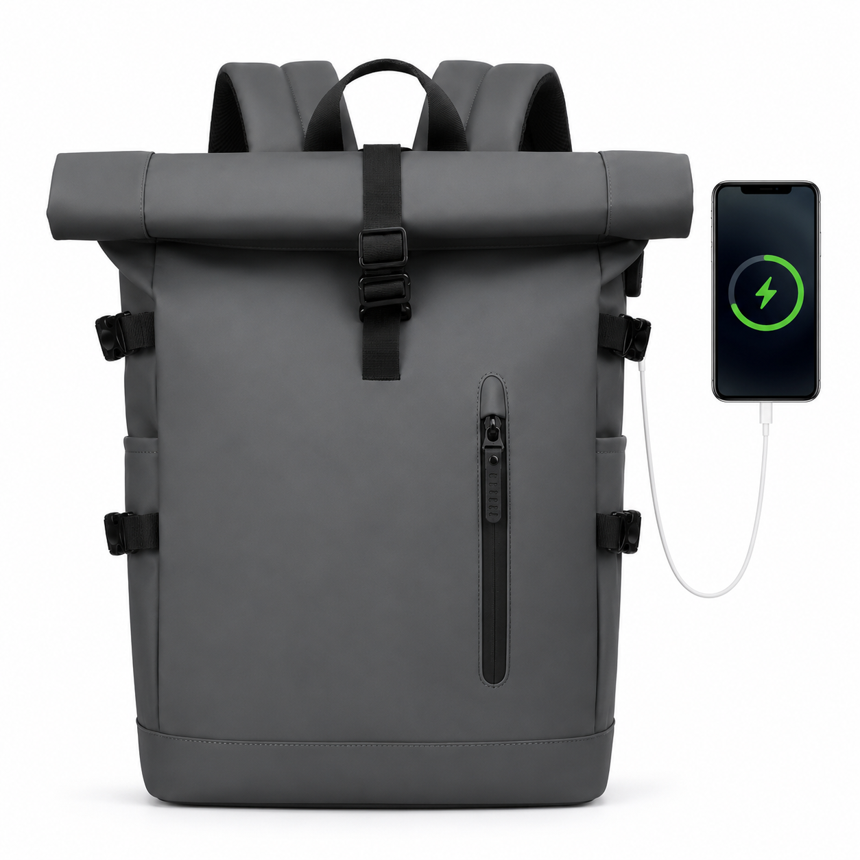 Sac à dos voyage roll-top gris avec port USB | VORHA