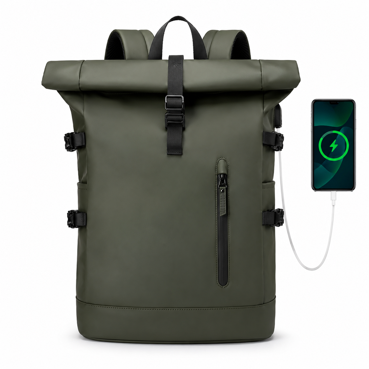 Sac à dos voyage roll-top vert avec port USB | VORHA