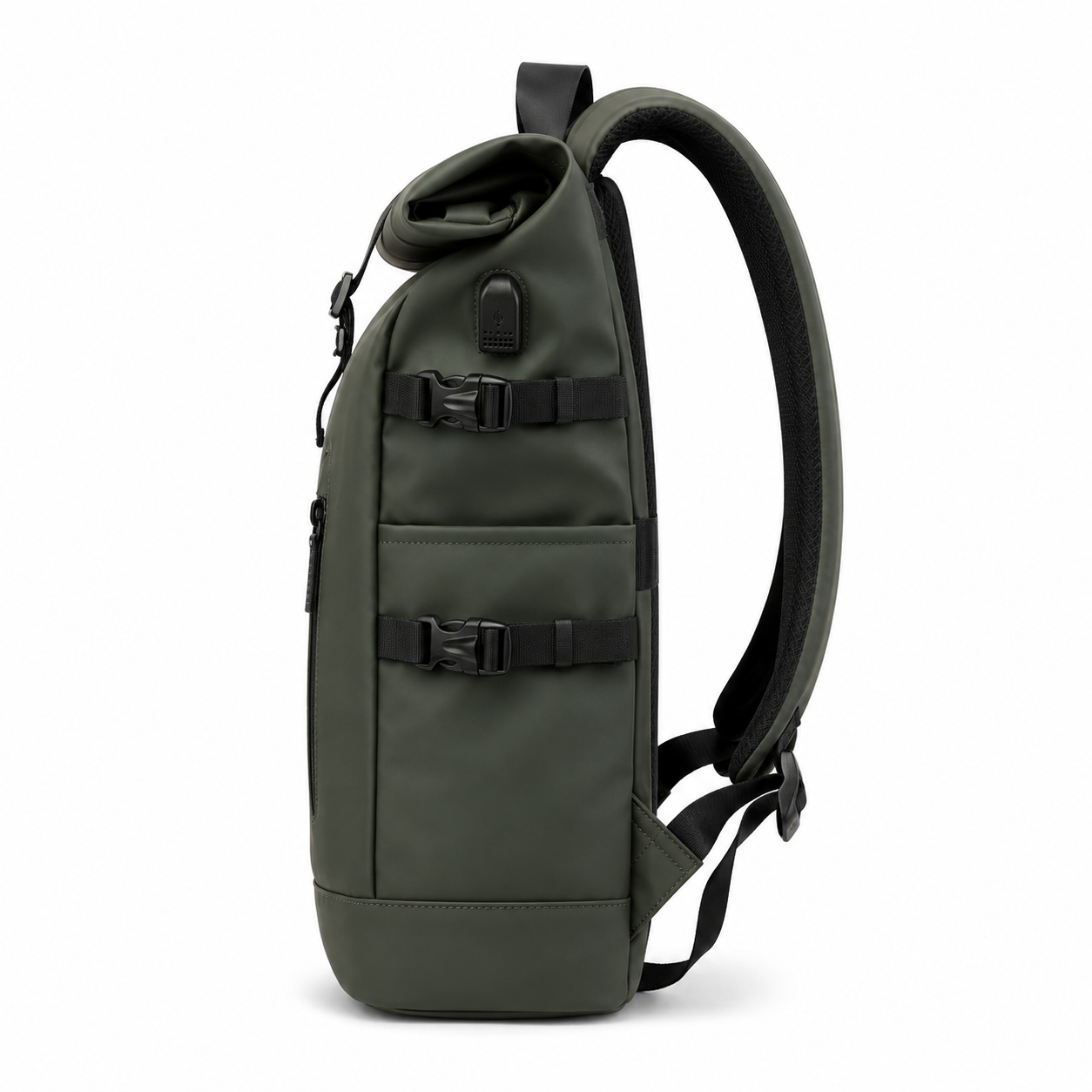 Sac à dos voyage roll-top vert avec port USB | VORHA