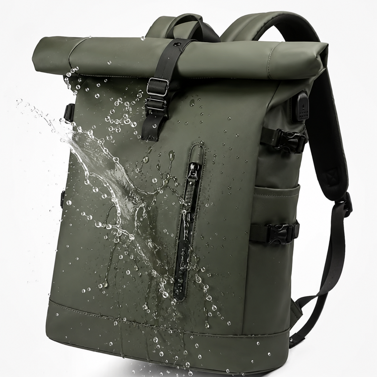Sac à dos voyage roll-top vert avec port USB | VORHA
