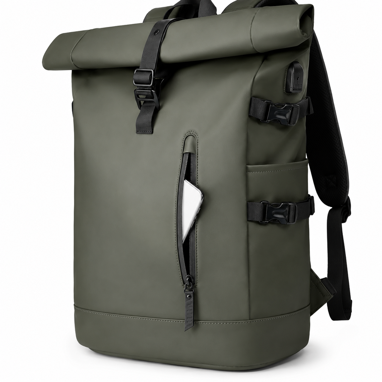 Sac à dos voyage roll-top vert avec port USB | VORHA