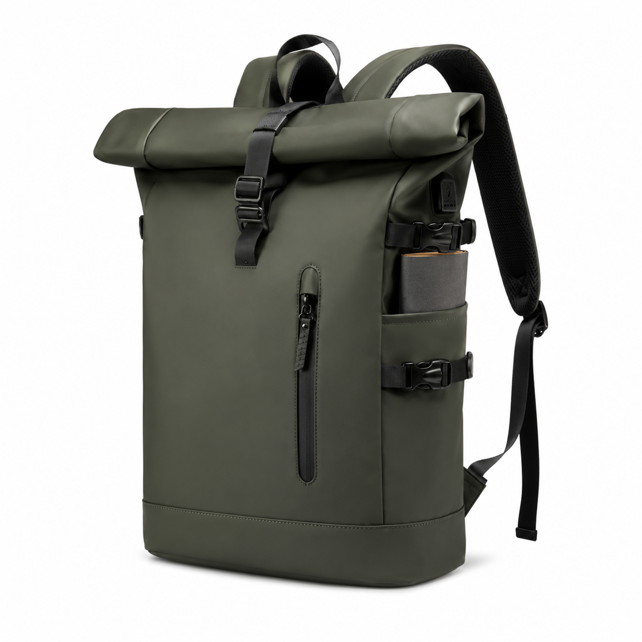 Sac à dos voyage roll-top vert avec port USB | VORHA
