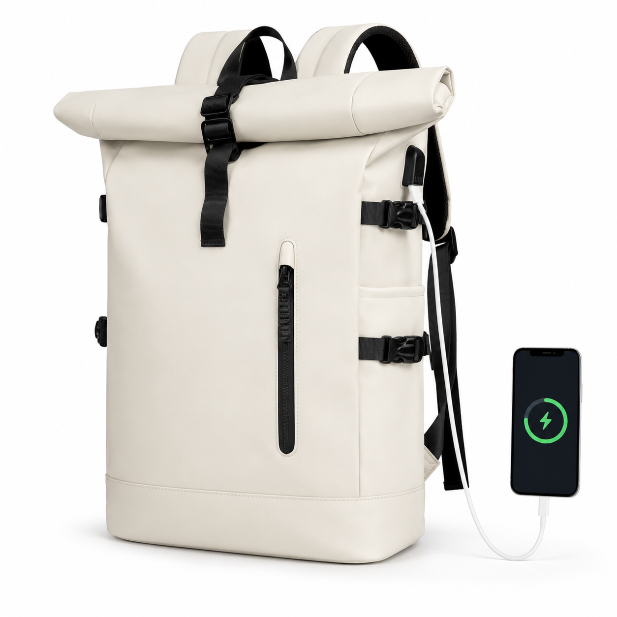 Sac à dos voyage roll-top blanc avec port USB | VORHA