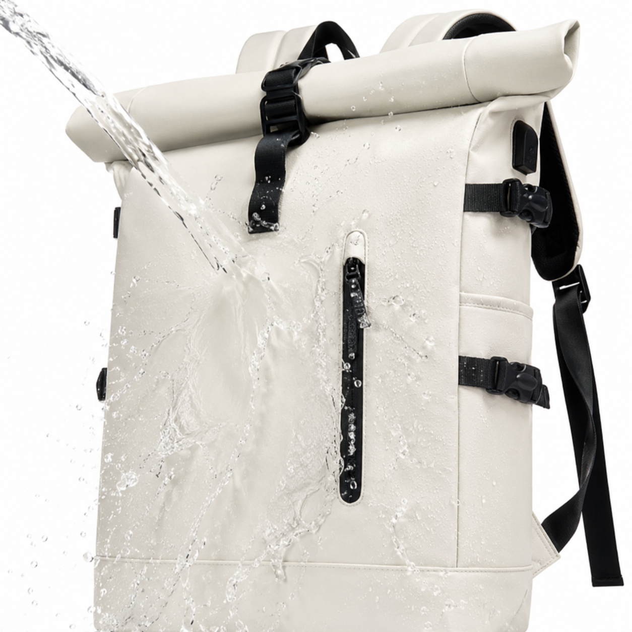 Sac à dos voyage roll-top blanc avec port USB | VORHA