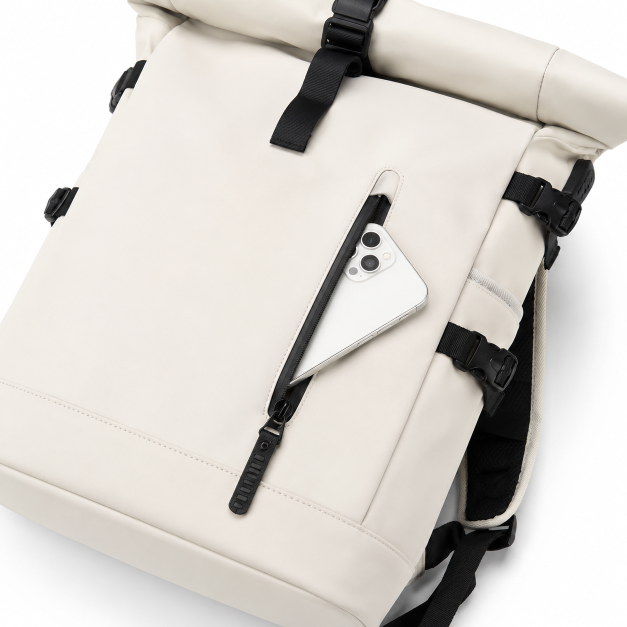 Sac à dos voyage roll-top blanc avec port USB | VORHA