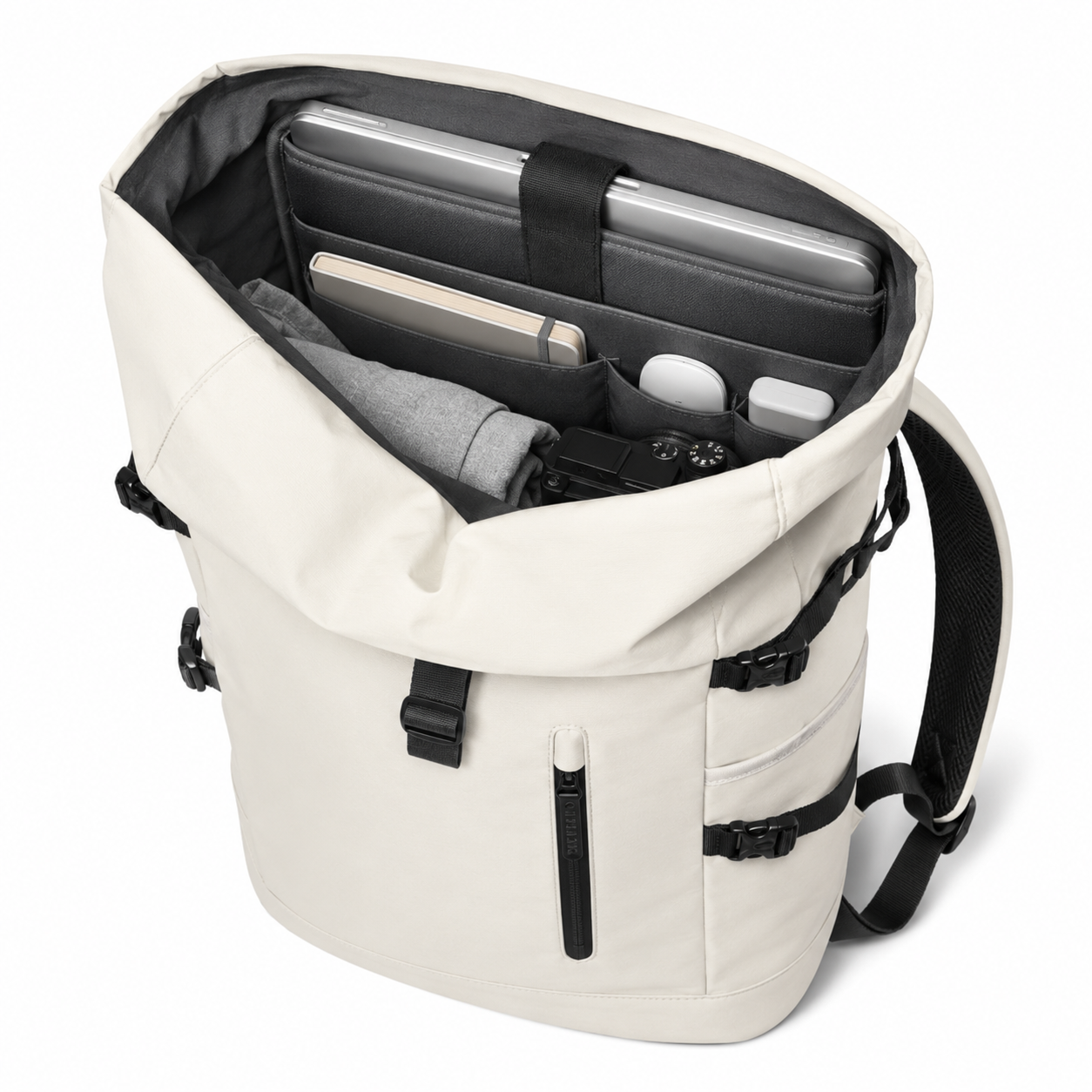 Sac à dos voyage roll-top blanc avec port USB | VORHA