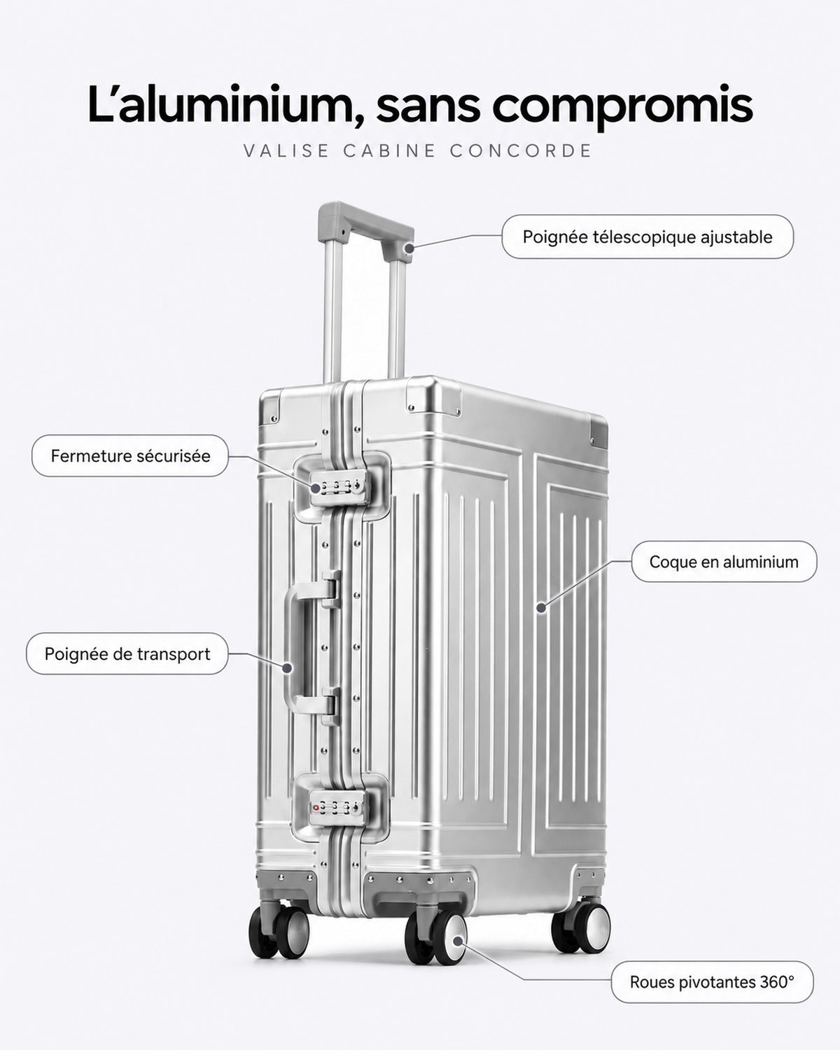 VORHA Concorde : coque aluminium, fermeture sécurisée, poignées, roues 360°