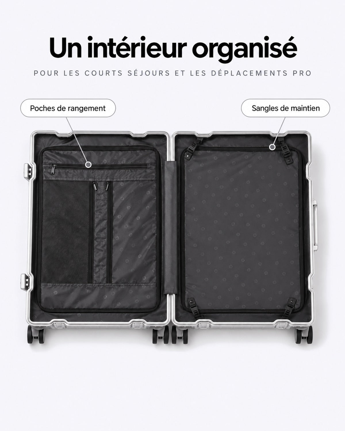 Intérieur de la valise VORHA Concorde : poches et sangles de maintien