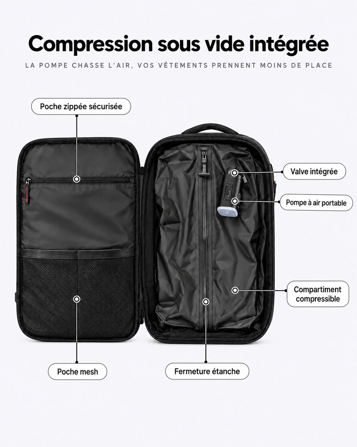 VORHA Original : compression sous vide intégrée, valve et pompe portable