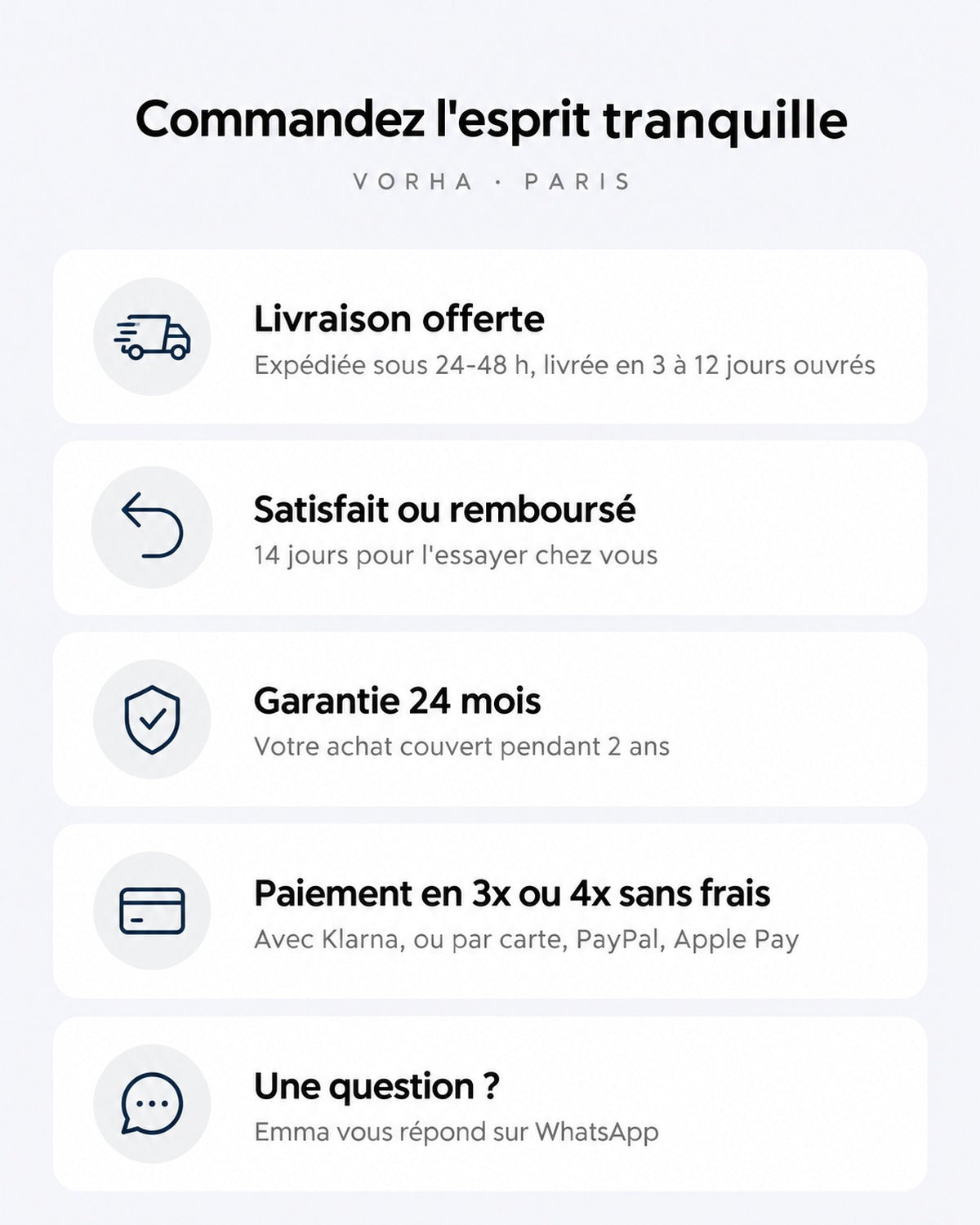 VORHA : livraison offerte, satisfait ou remboursé 14 jours, garantie 24 mois
