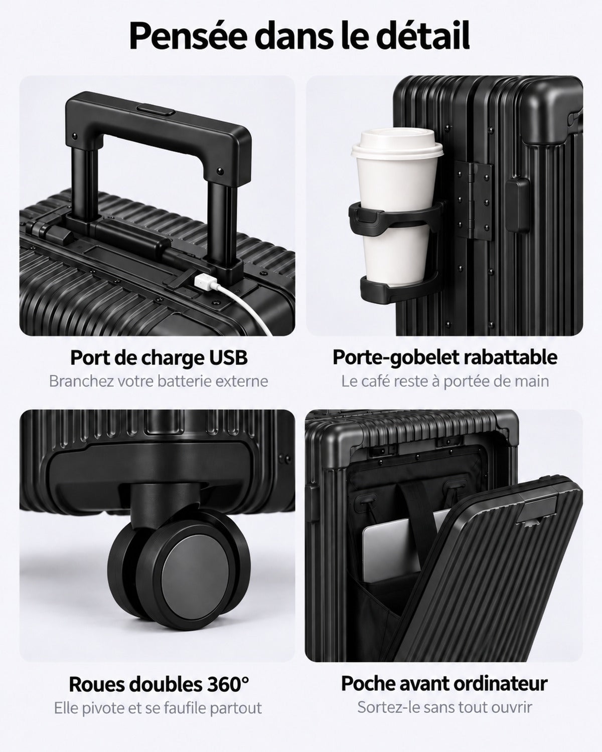 Détails VORHA Orsay : port USB, porte-gobelet rabattable, roues doubles 360°, poche ordinateur