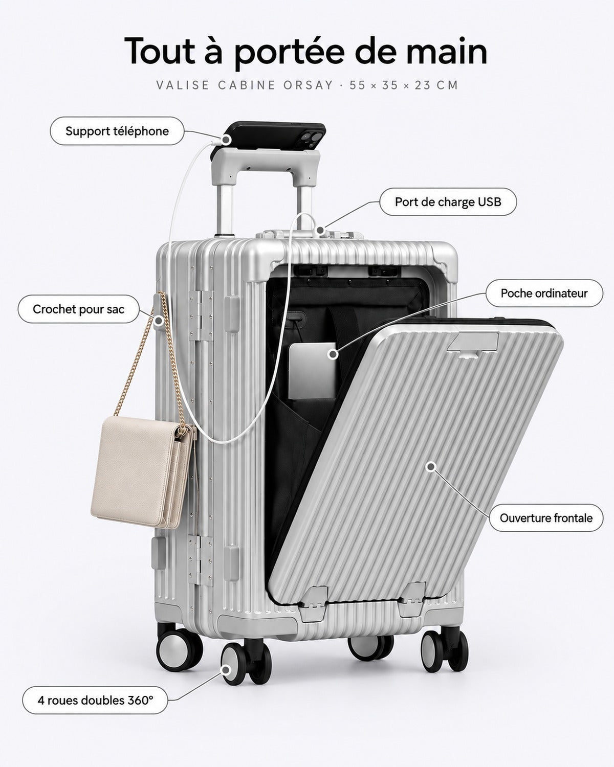 VORHA Orsay : support téléphone, port de charge USB, crochet pour sac, poche ordinateur, ouverture frontale, roues doubles 360°