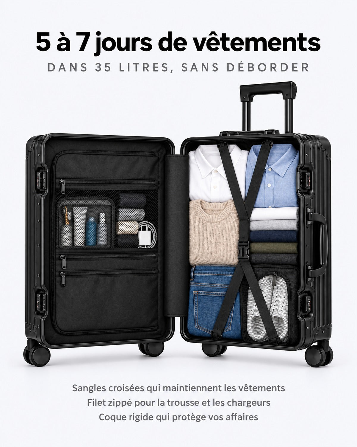 Intérieur de la valise VORHA Orsay : 5 à 7 jours de vêtements dans 35 litres