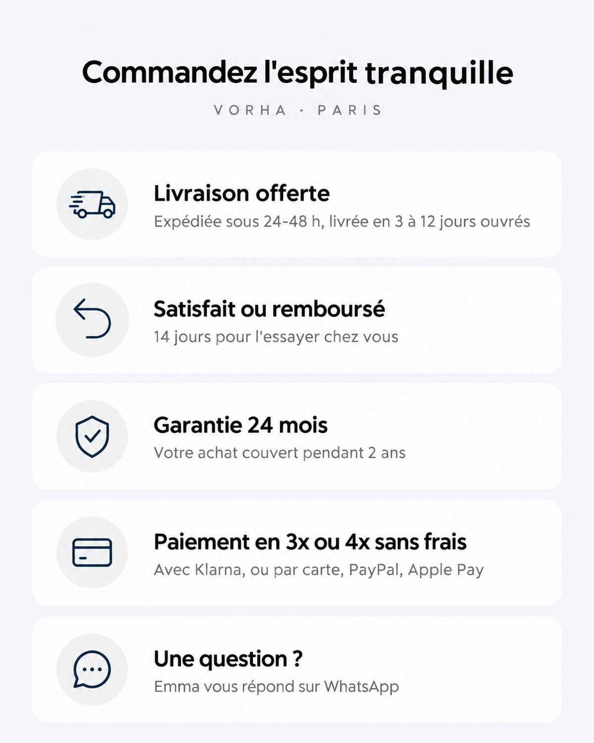 VORHA : livraison offerte, satisfait ou remboursé 14 jours, garantie 24 mois, paiement en 3x ou 4x