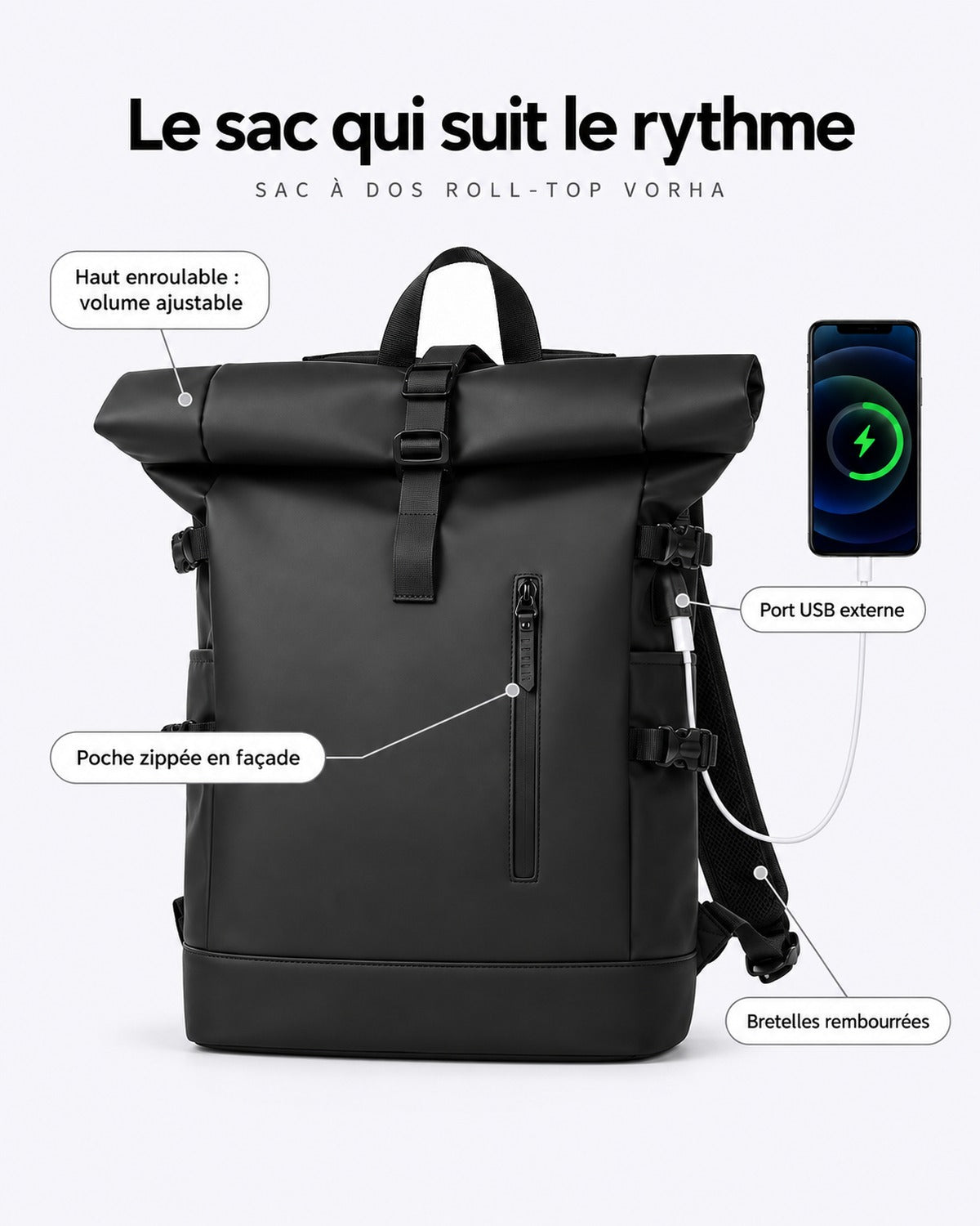 Sac à dos roll-top VORHA : haut enroulable, port USB externe, poche zippée, bretelles rembourrées