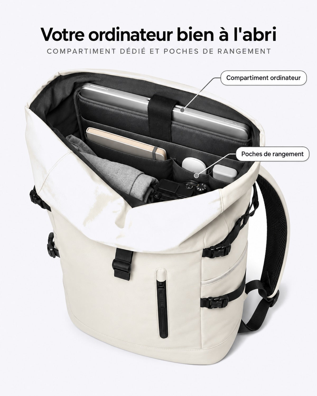 Sac à dos roll-top VORHA : compartiment ordinateur et poches de rangement