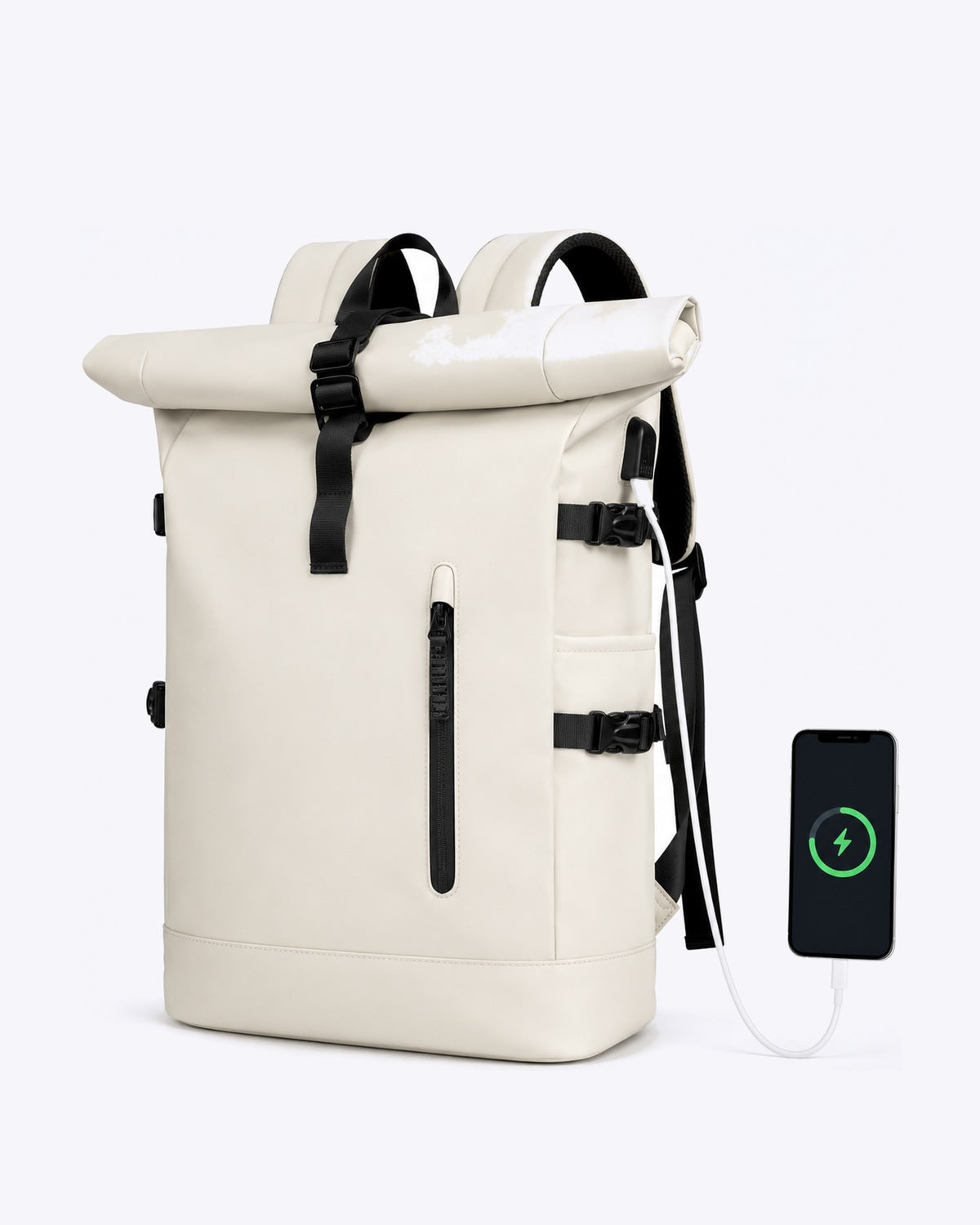 Sac à dos voyage roll-top blanc avec port USB