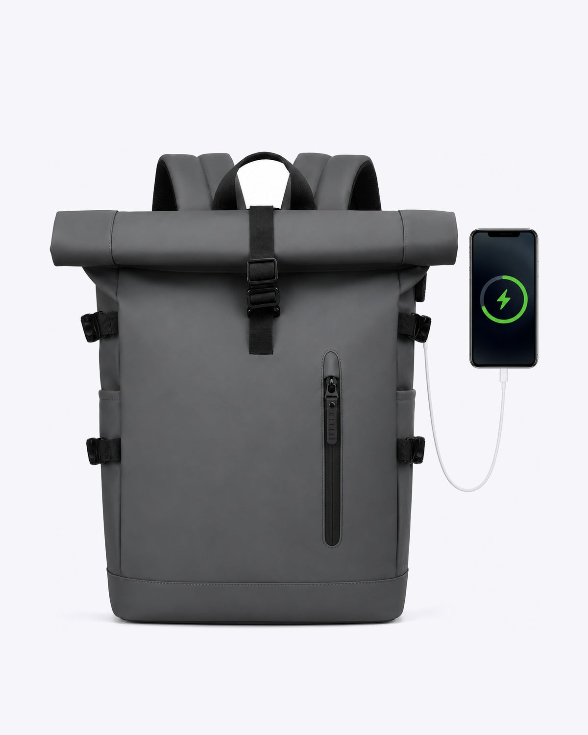 Sac à dos voyage roll-top gris avec port USB
