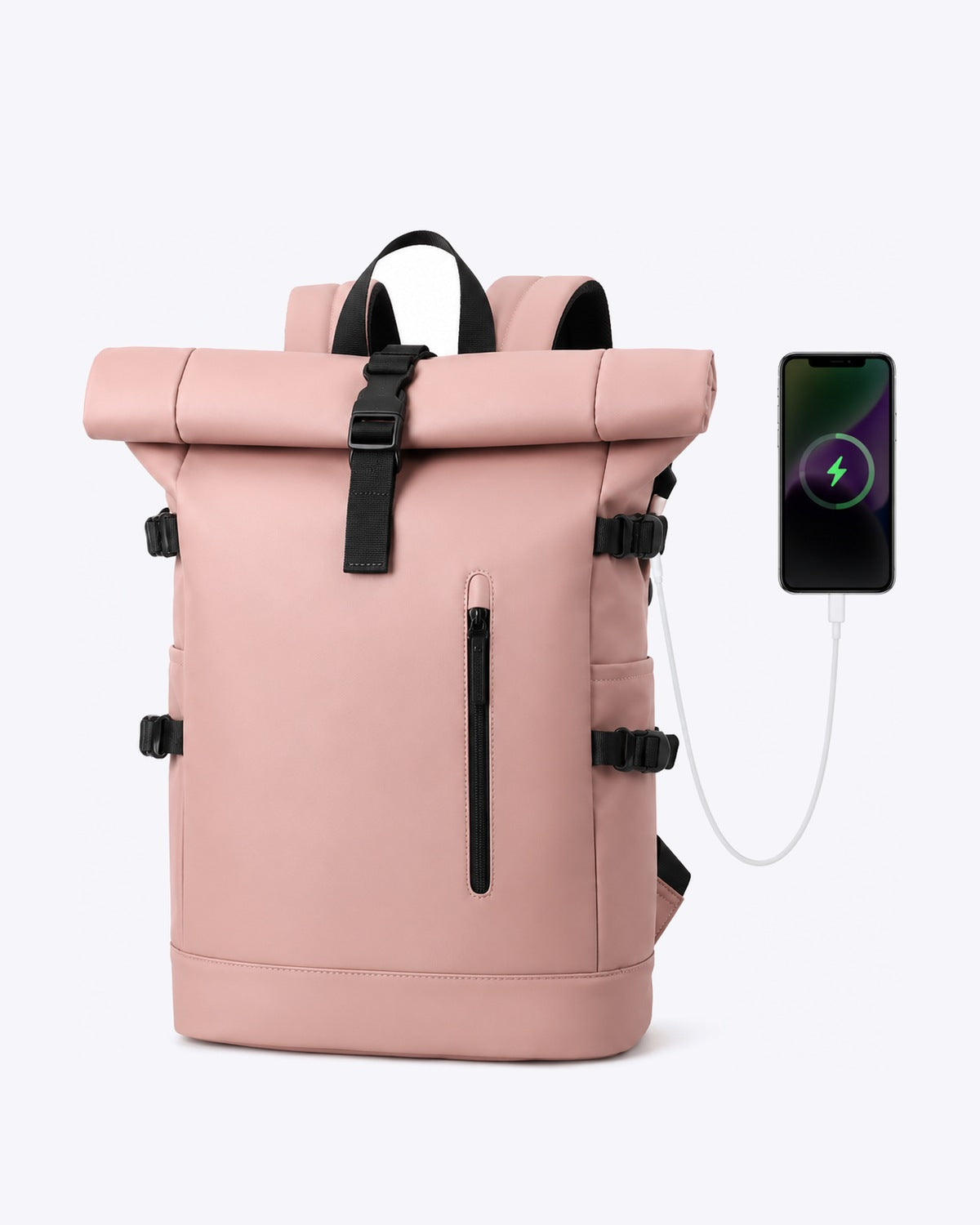 Sac à dos voyage roll-top rose avec port USB