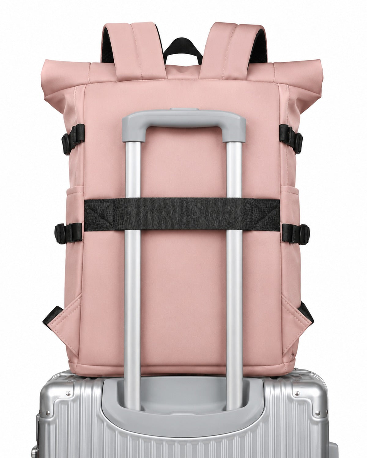 Sac à dos voyage roll-top rose avec port USB