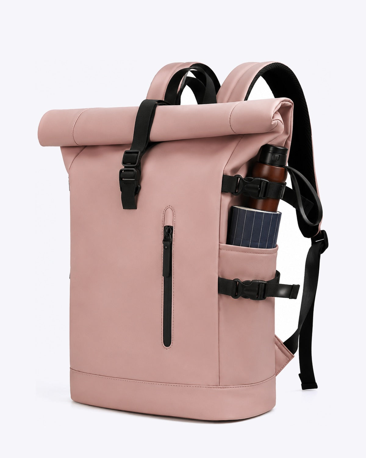 Sac à dos voyage roll-top rose avec port USB