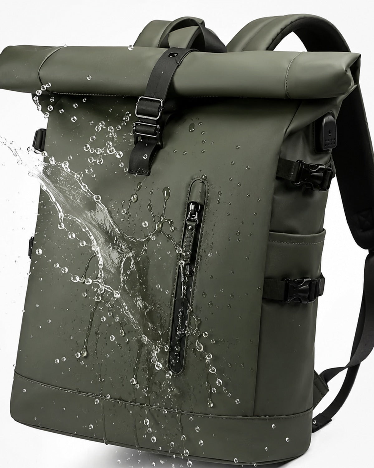 Sac à dos voyage roll-top vert avec port USB