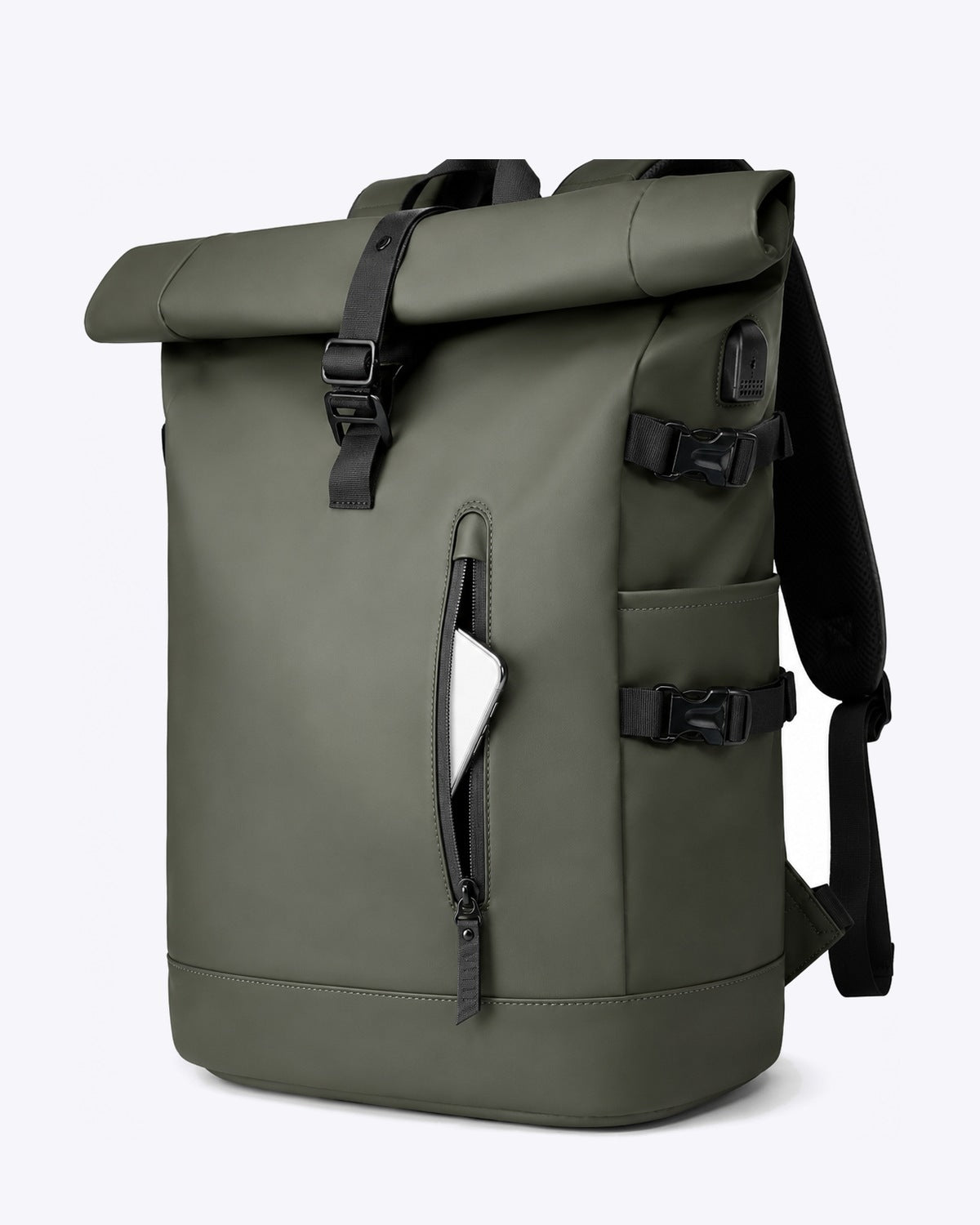 Sac à dos voyage roll-top vert avec port USB