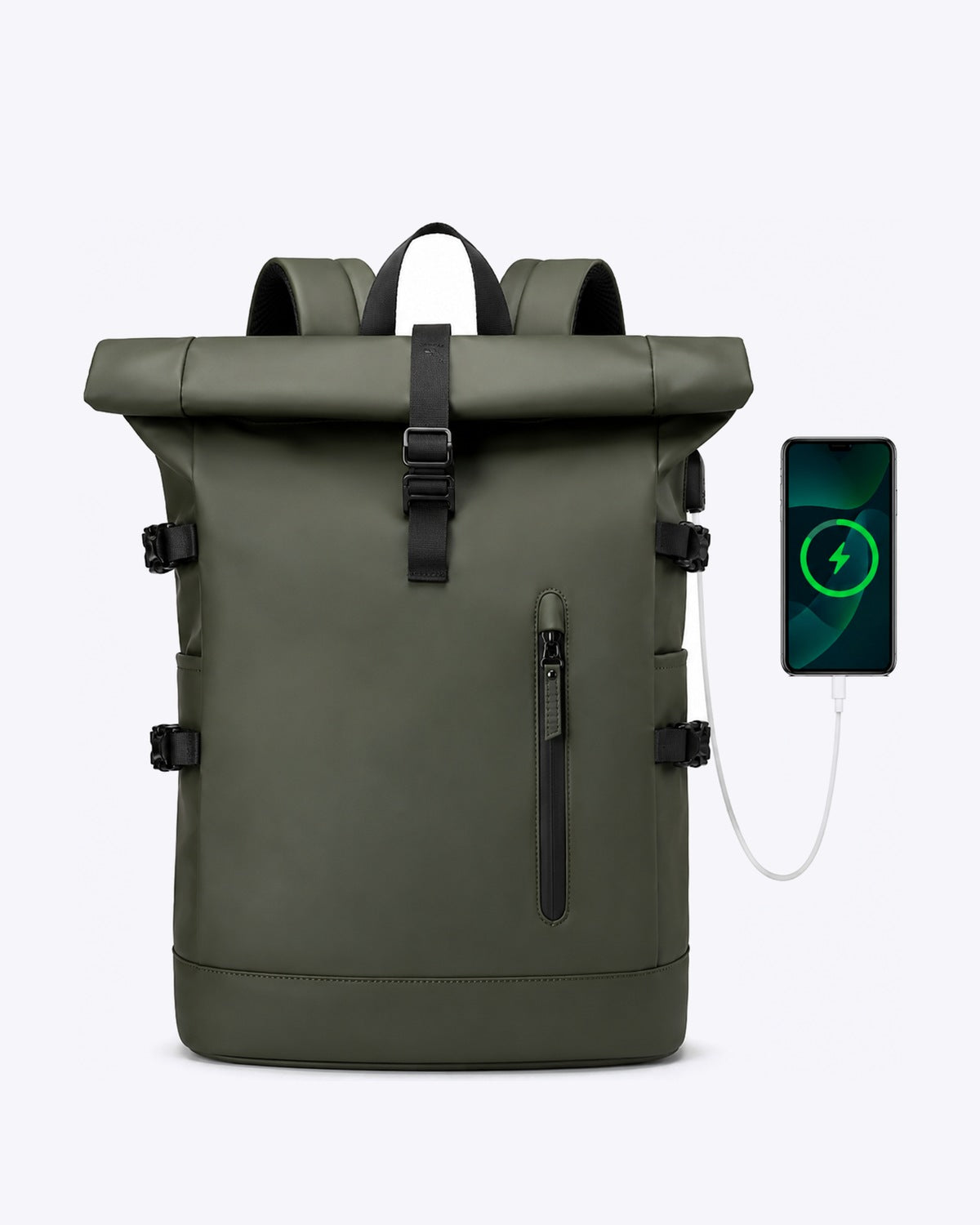 Sac à dos voyage roll-top vert avec port USB