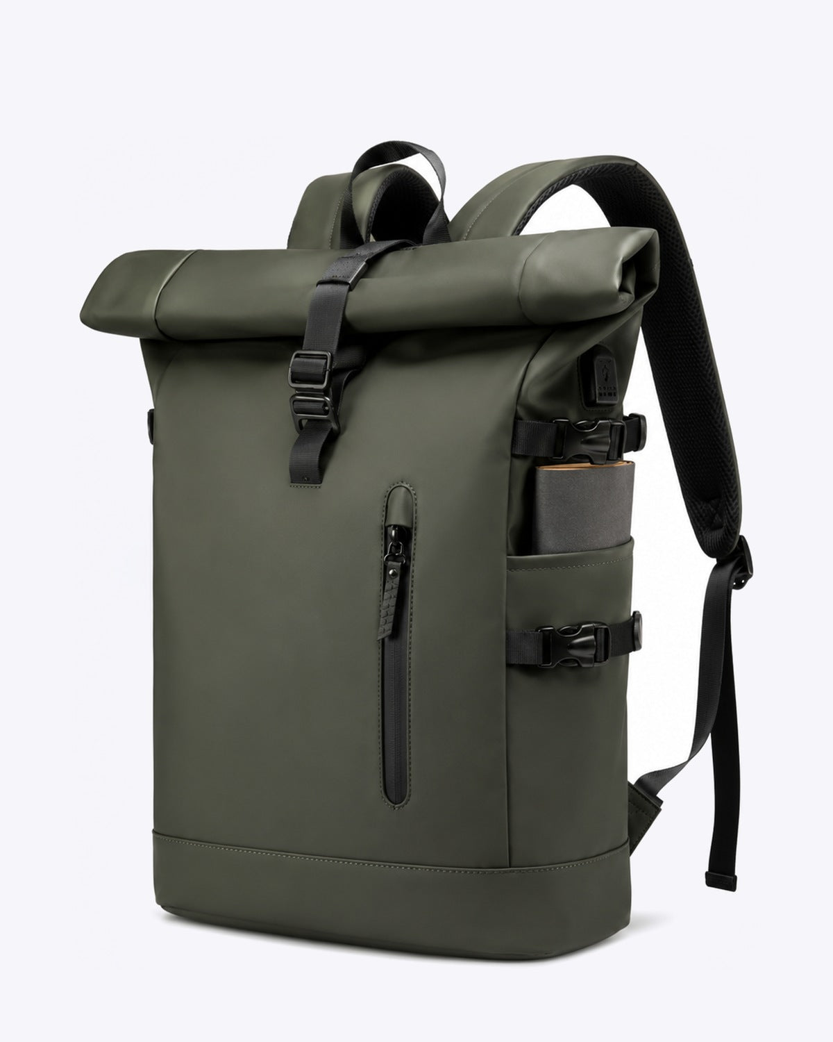Sac à dos voyage roll-top vert avec port USB