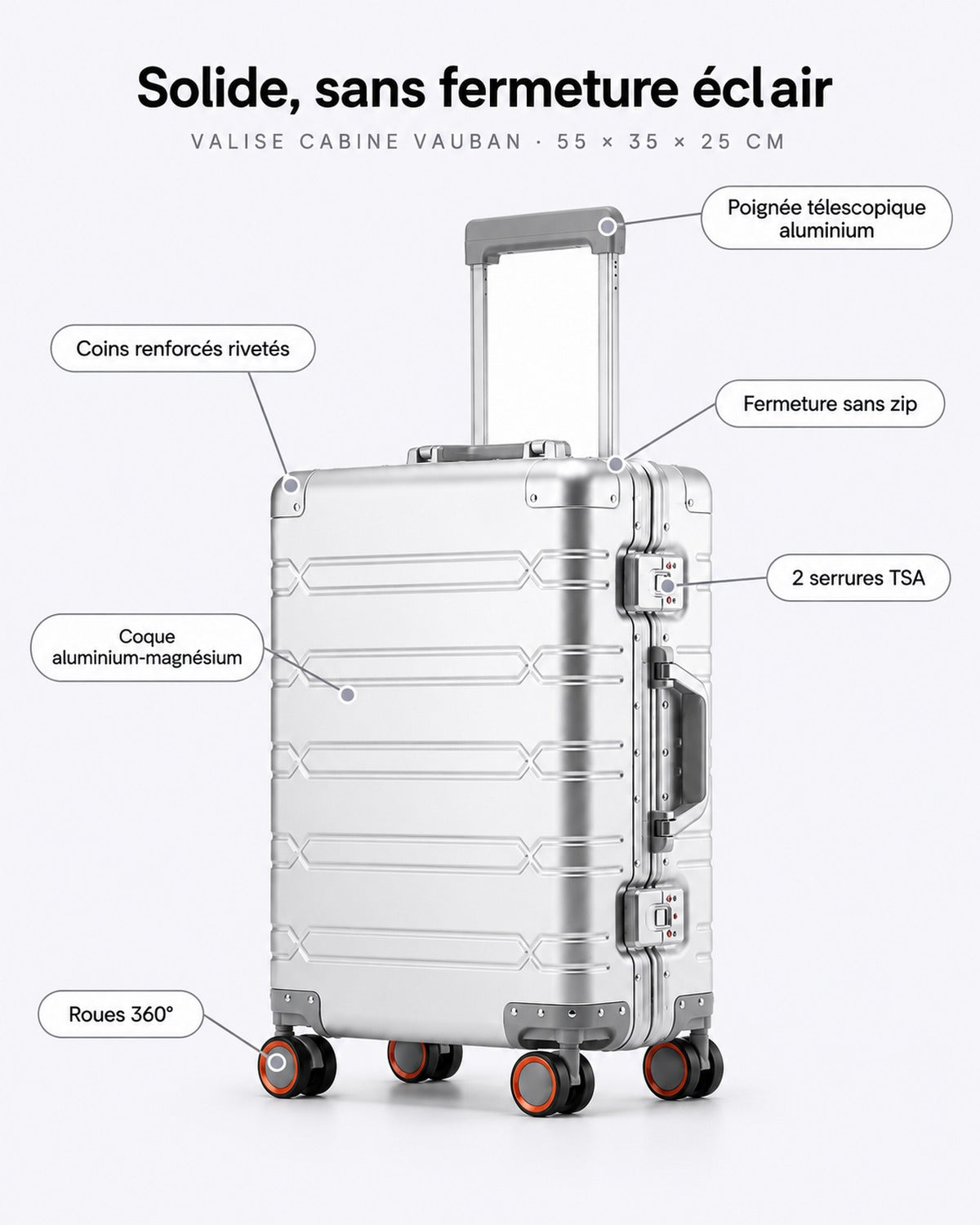 VORHA Vauban : coque aluminium-magnésium, 2 serrures TSA, coins rivetés, fermeture sans zip, roues 360°
