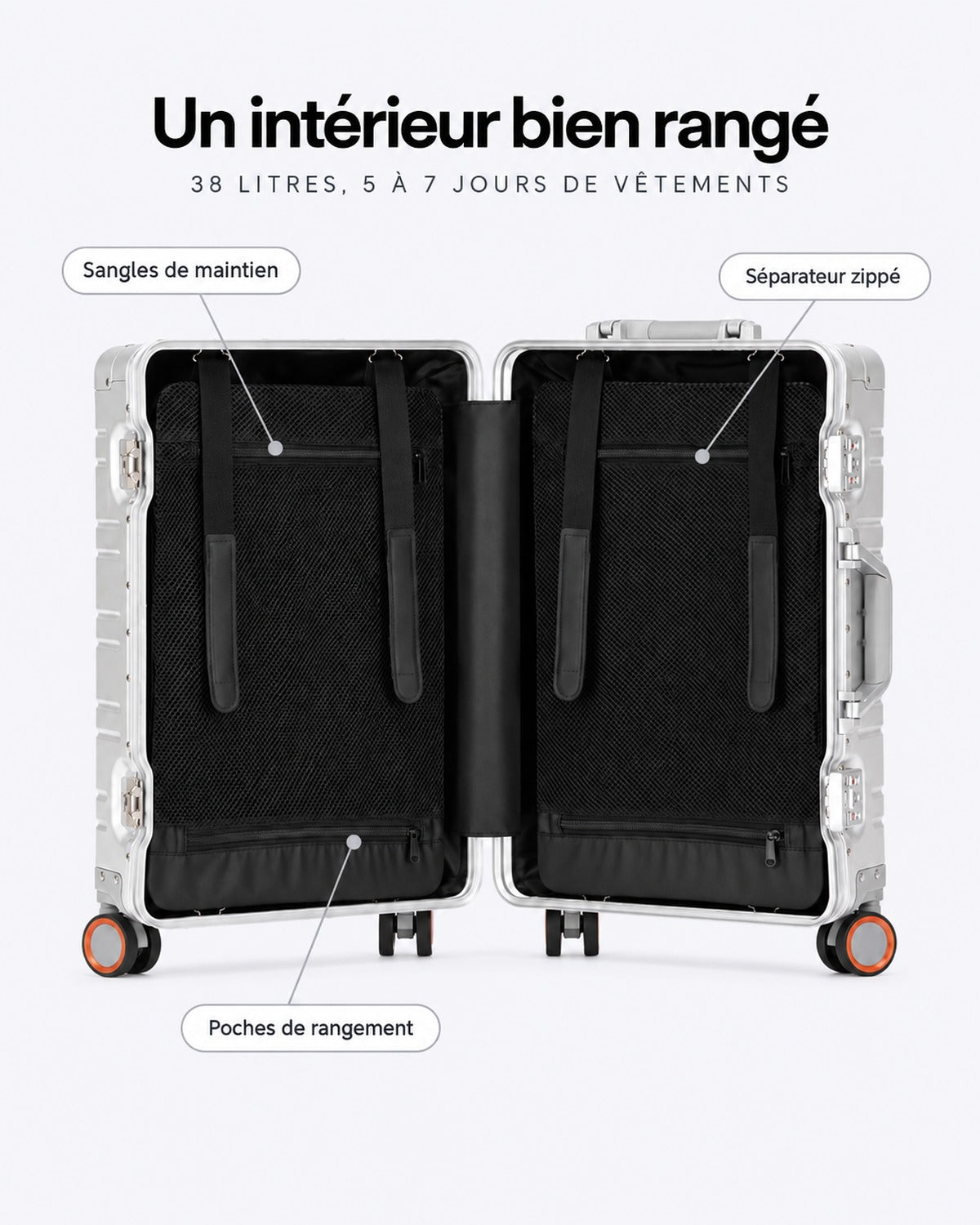 Intérieur de la valise VORHA Vauban : sangles, séparateur zippé, poches